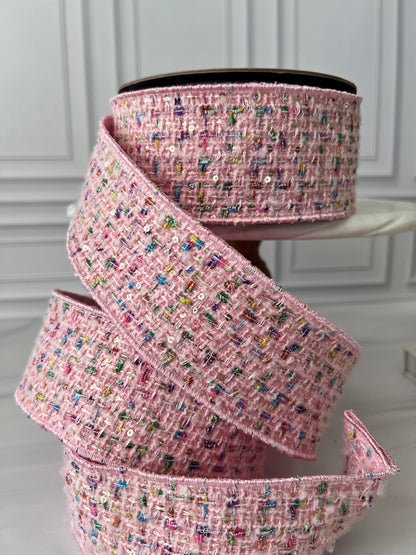 Pink Bouclé Sequin Confetti Ribbon – 2.5” x 10 Yards