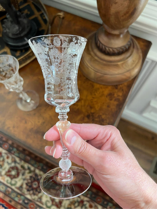 Cambridge Rose Point Cordial Glasses – Set of 2 Vintage Etched Stemware