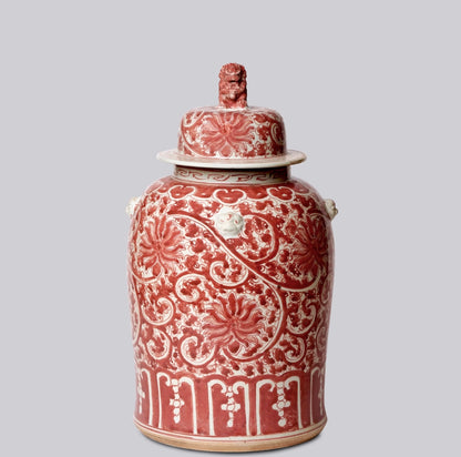 Coral Red & White Chinoiserie Temple Jar with Foo Dog Finial – 19.5”