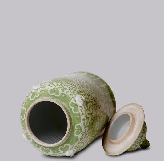 Verdant Porcelain Temple Jar with Scroll Motif