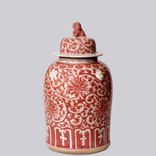 Coral Red & White Chinoiserie Temple Jar with Foo Dog Finial – 19.5”