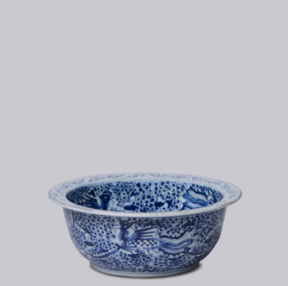 Porcelain Blue & White Handmade Phoenix Garden Bowl