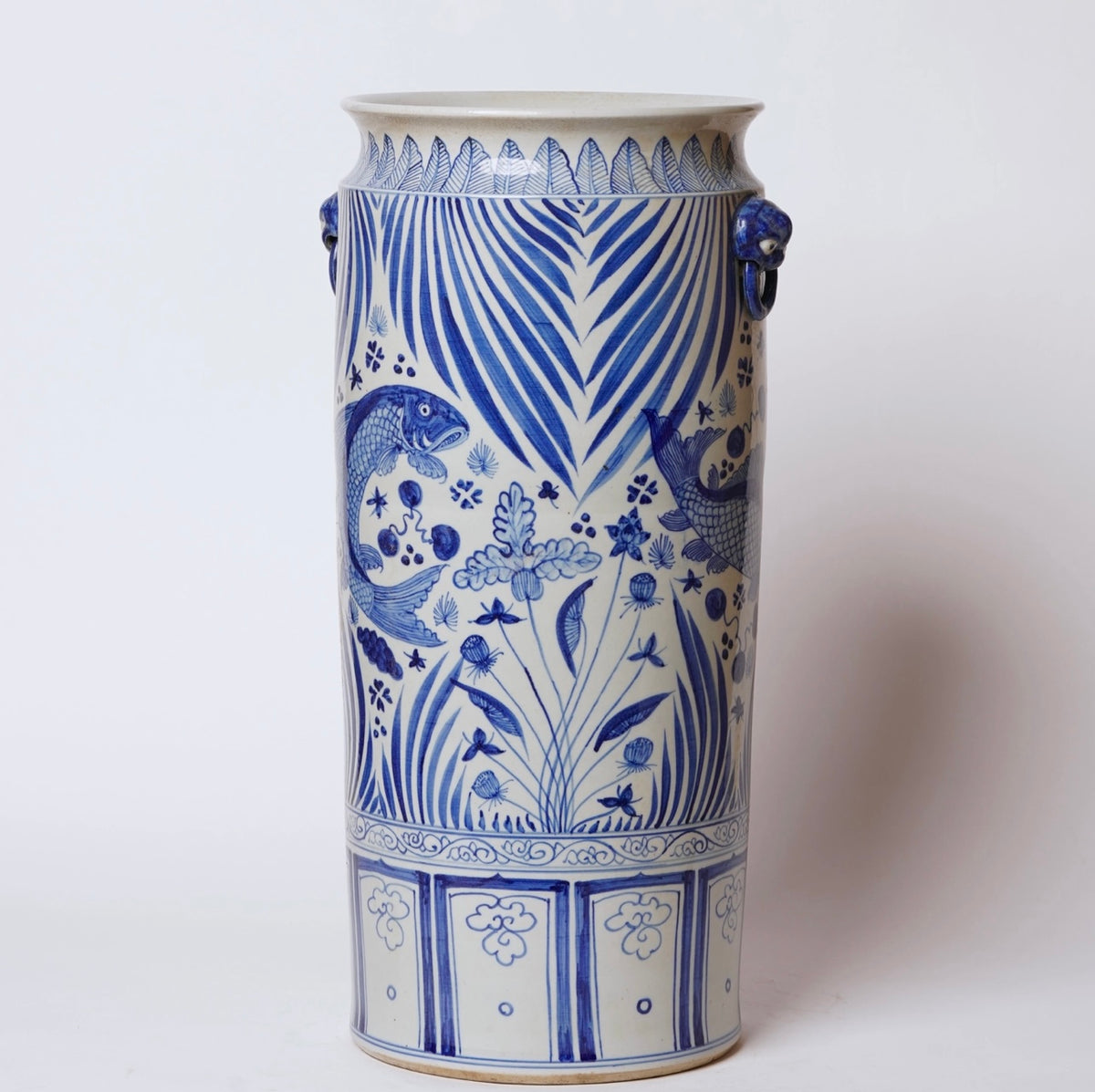 Blue & White Porcelain Koi Fish Umbrella Stand