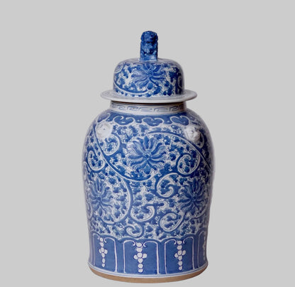 blue and white porcelain ginger jar with lotus motif