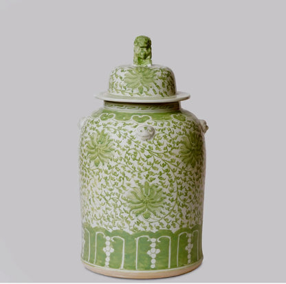 Verdant Porcelain Temple Jar with Scroll Motif