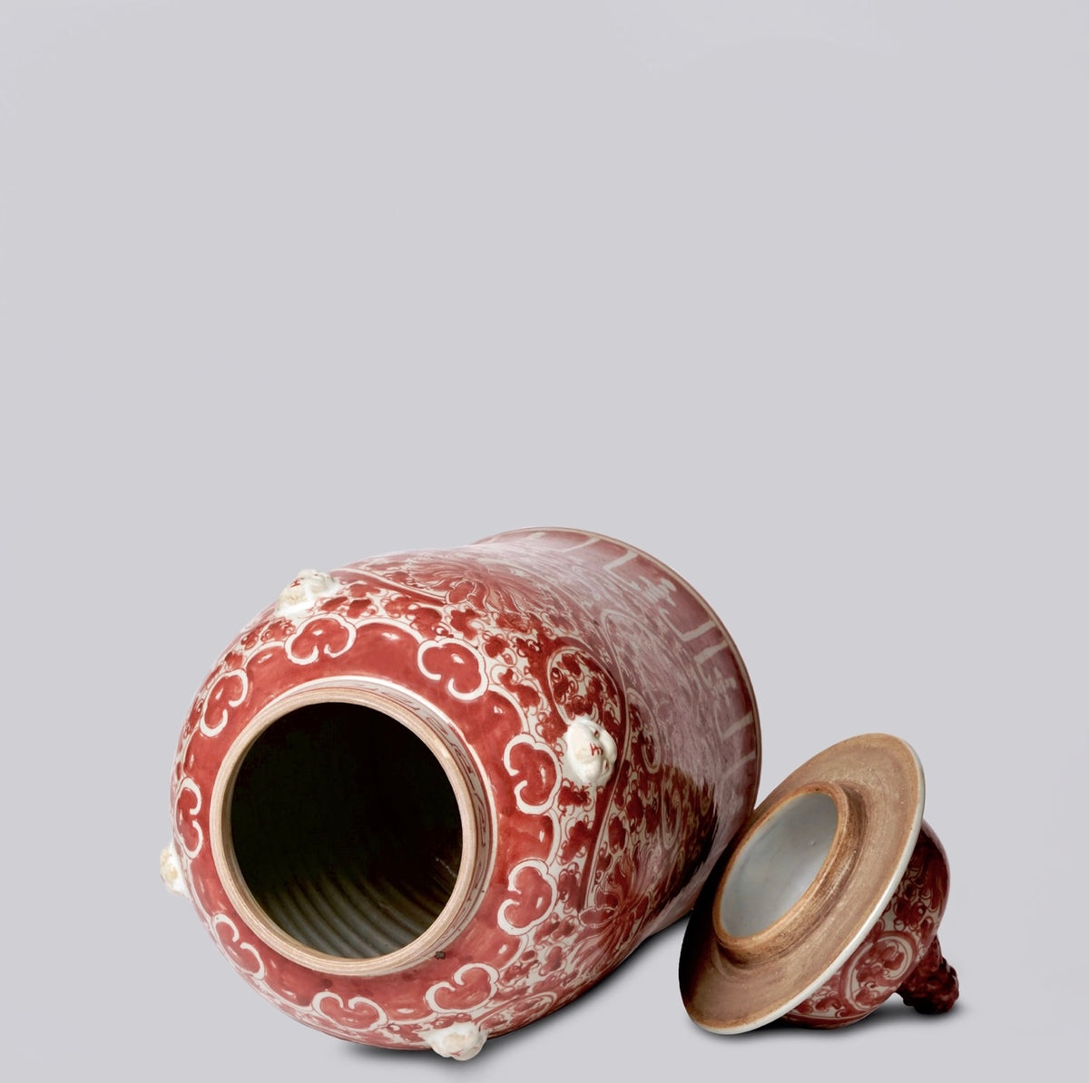 Coral Red & White Chinoiserie Temple Jar with Foo Dog Finial – 19.5”