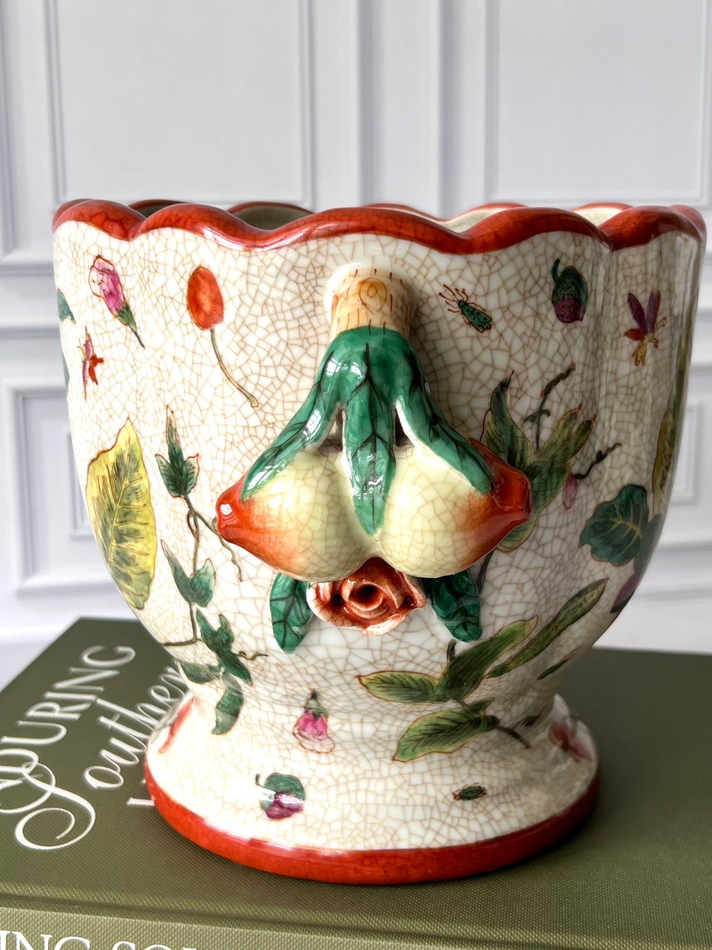 Canton Leaf Chinoiserie Planter – Antiqued Glaze, Crackle Appearance, Figural Fruit Handles
