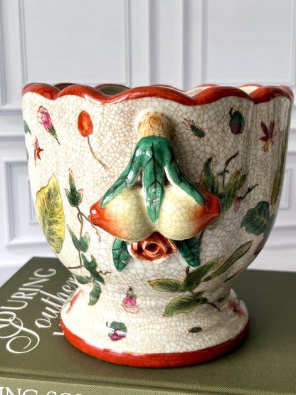 Canton Leaf Chinoiserie Planter – Antiqued Glaze, Crackle Appearance, Figural Fruit Handles