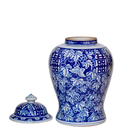 Midnight Blue Porcelain Temple Jar with Grape Vine Motif