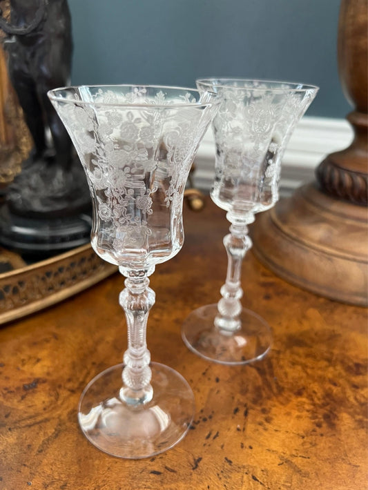 Pair of vintage Cambridge Rose Point etched cordial glasses