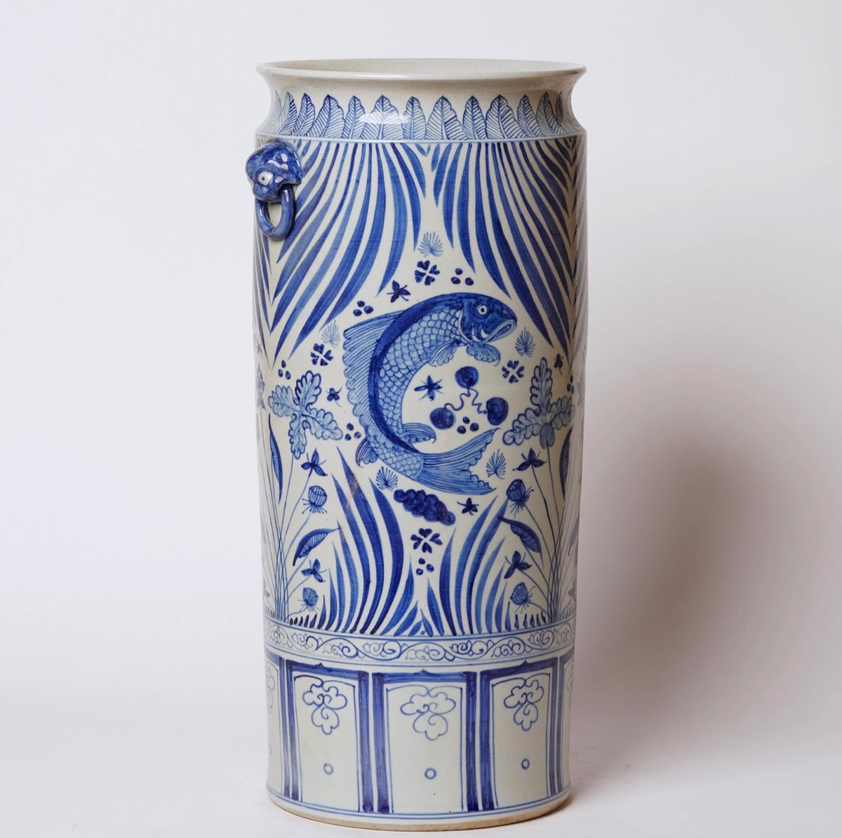 Blue & White Porcelain Koi Fish Umbrella Stand