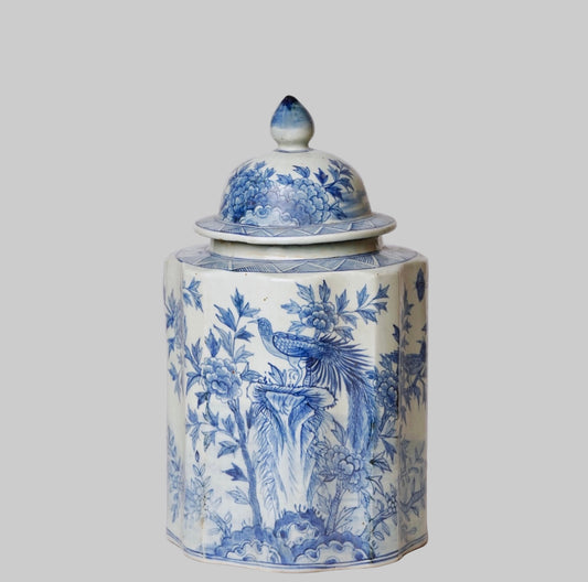 Blue and white ribbed porcelain temple jar with hand-painted pheasant and floral design