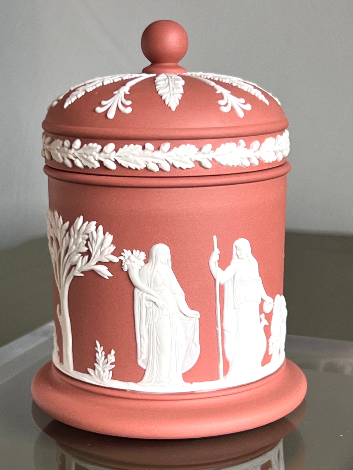 1958 Wedgwood Terracotta Jasperware Lidded Jar Sacrifice Figures 4.5” Tall