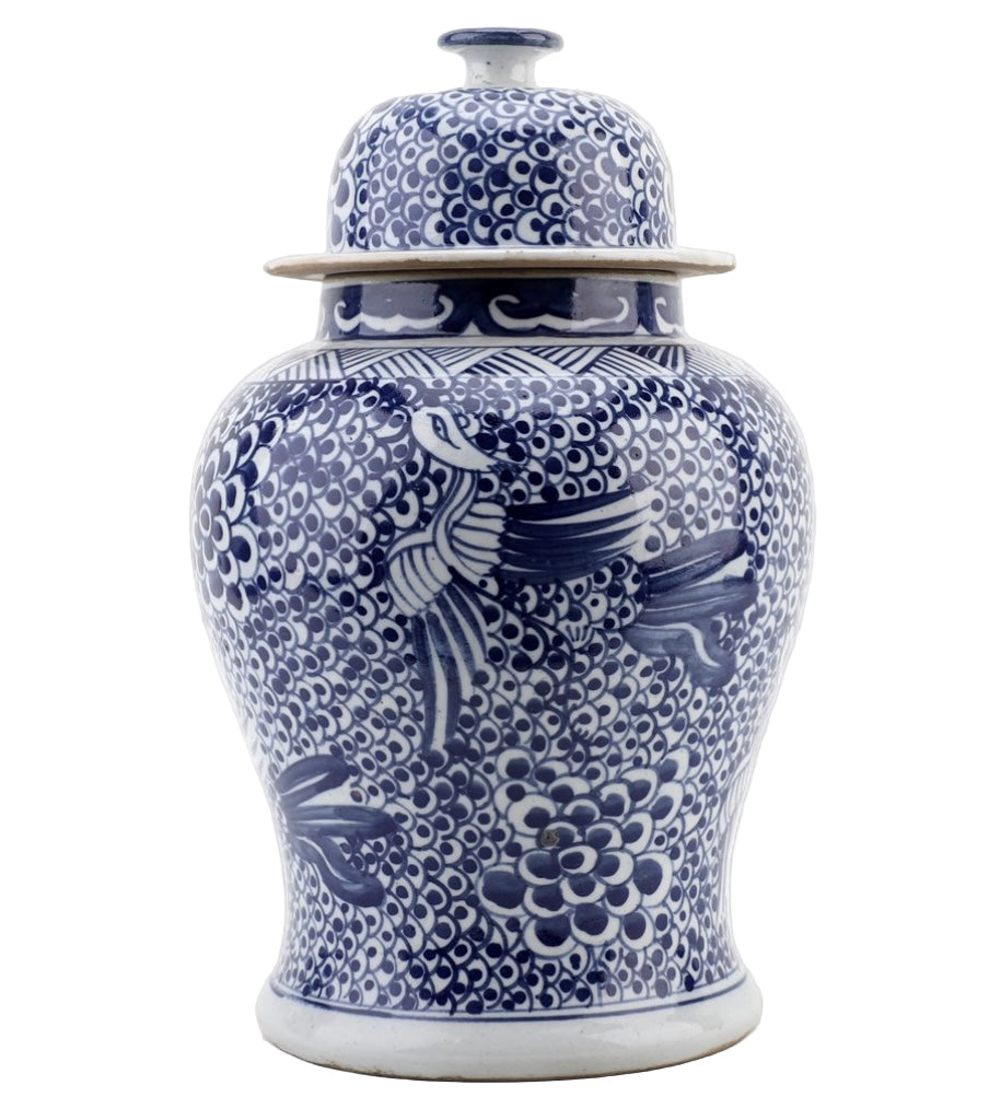 Blue and white porcelain ginger jar with stylized phoenix motifs.