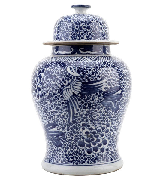 Blue and white porcelain ginger jar with stylized phoenix motifs.
