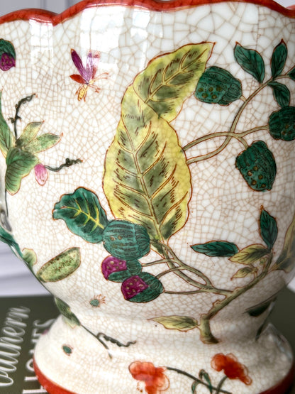 Canton Leaf Chinoiserie Planter – Antiqued Glaze, Crackle Appearance, Figural Fruit Handles