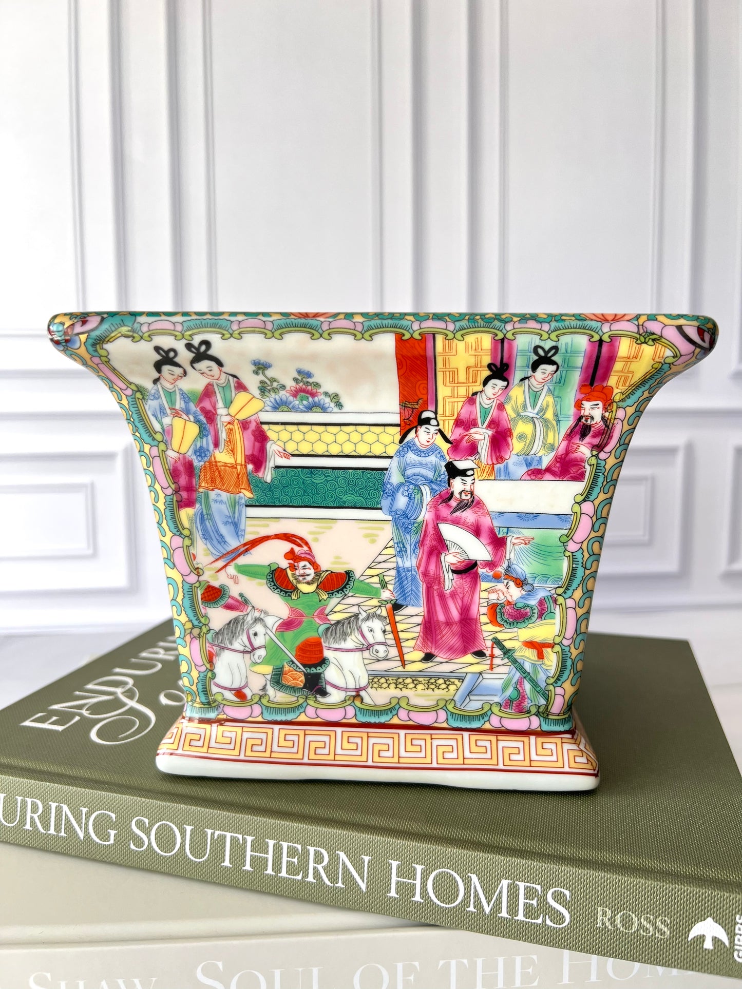 Rose Medallion Style Porcelain Planter | Square Cachepot 7.5”