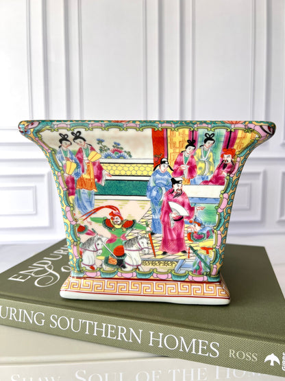 Rose Medallion Style Porcelain Planter | Square Cachepot 7.5”