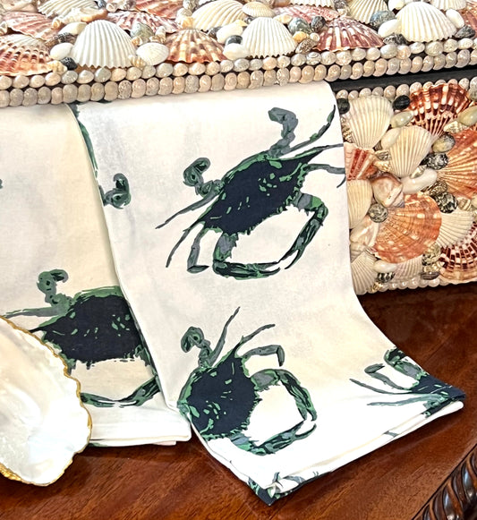 Set of Two Coastal Green Crab Tea Towels