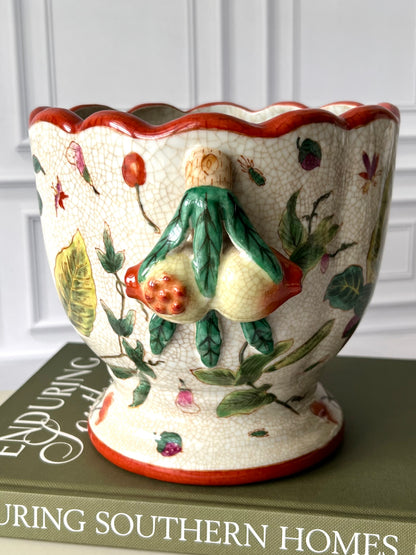Canton Leaf Chinoiserie Planter – Antiqued Glaze, Crackle Appearance, Figural Fruit Handles