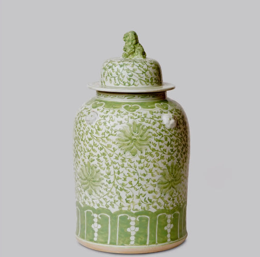 Verdant Porcelain Temple Jar with Scroll Motif