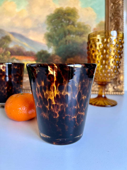 8 oz tortoise shell glass tumbler with dark brown and amber pattern