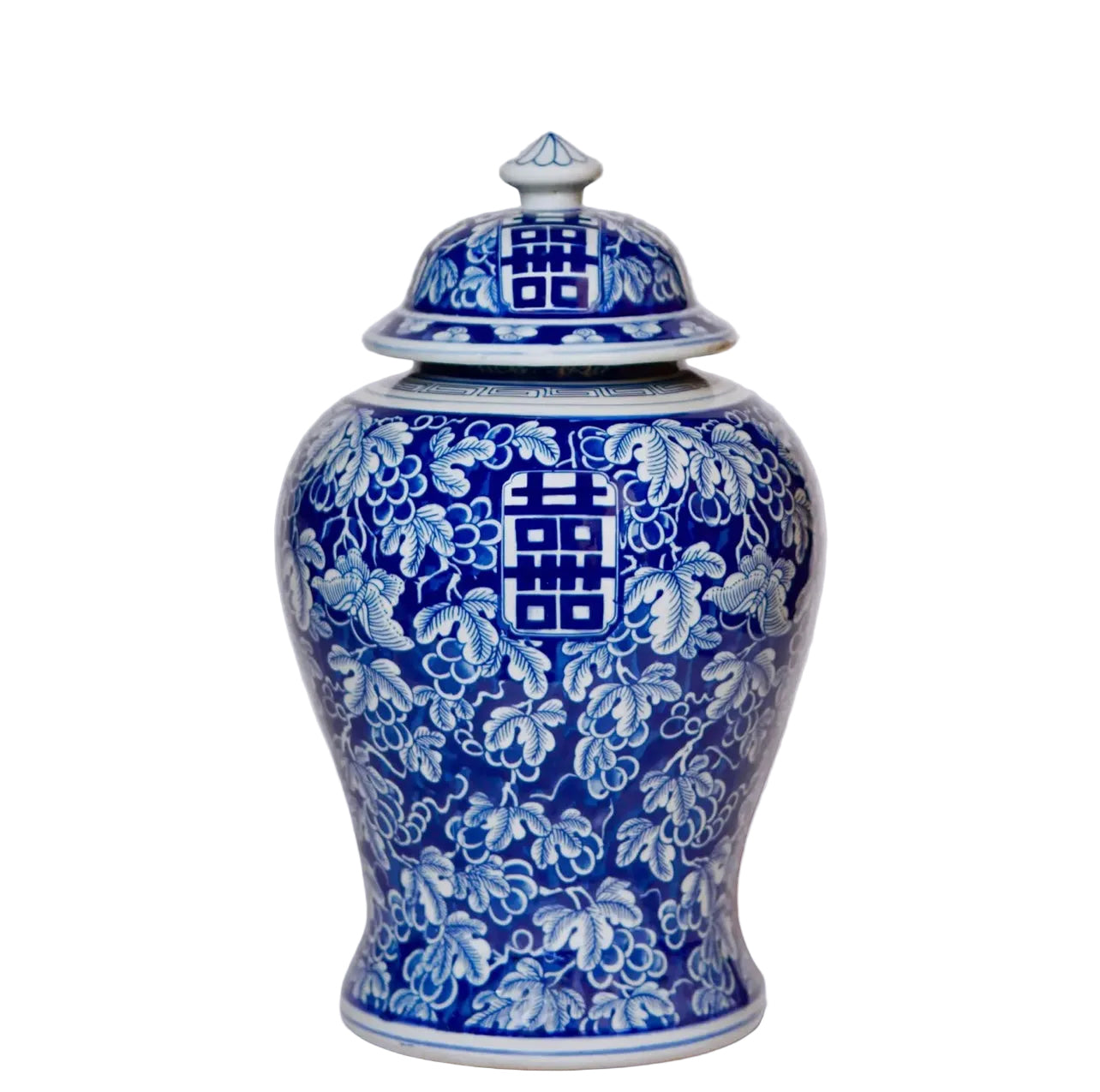 blue porcelain temple jar with grape vine motif and lidded top