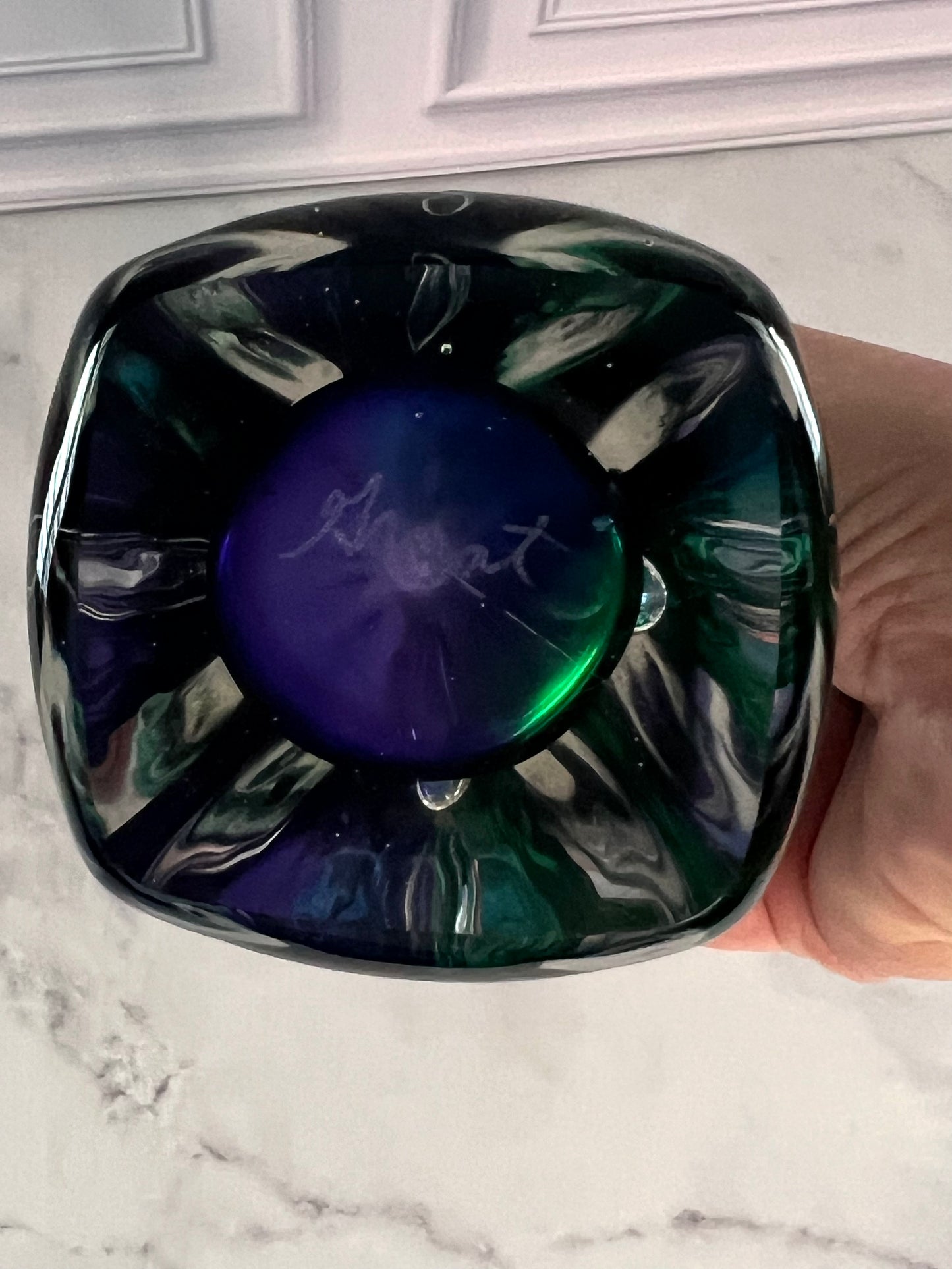 Signed Grant Sommerso Art Glass Bud Vase | 10” Amethyst Blue Green Glass