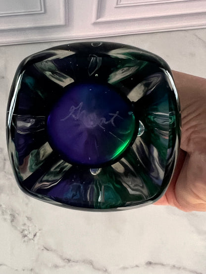 Signed Grant Sommerso Art Glass Bud Vase | 10” Amethyst Blue Green Glass