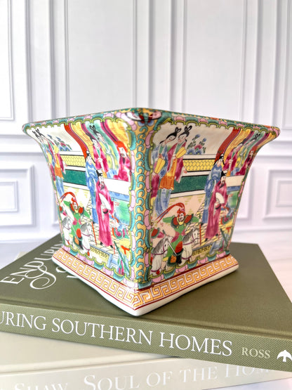 Rose Medallion Style Porcelain Planter | Square Cachepot 7.5”