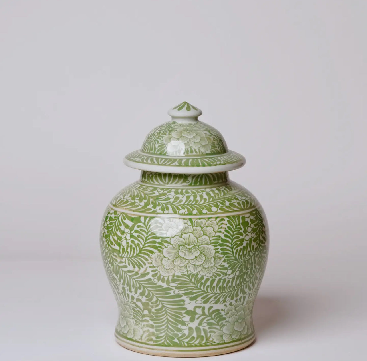 Spring green Peony chinoiserie temple jar with hand-painted peony motif.