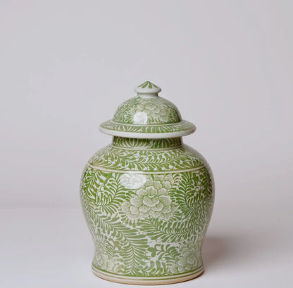 Spring green Peony chinoiserie temple jar with hand-painted peony motif.