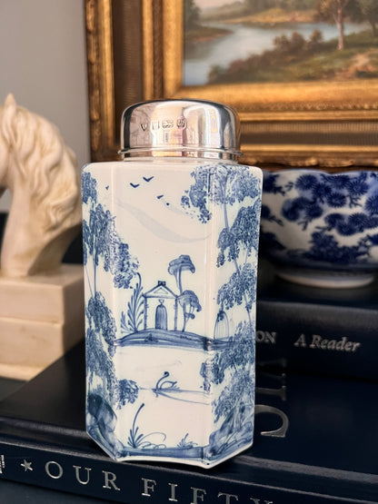 Deborah Sears Isis Ceramics Blue & White Tea Caddy with Silver Lid