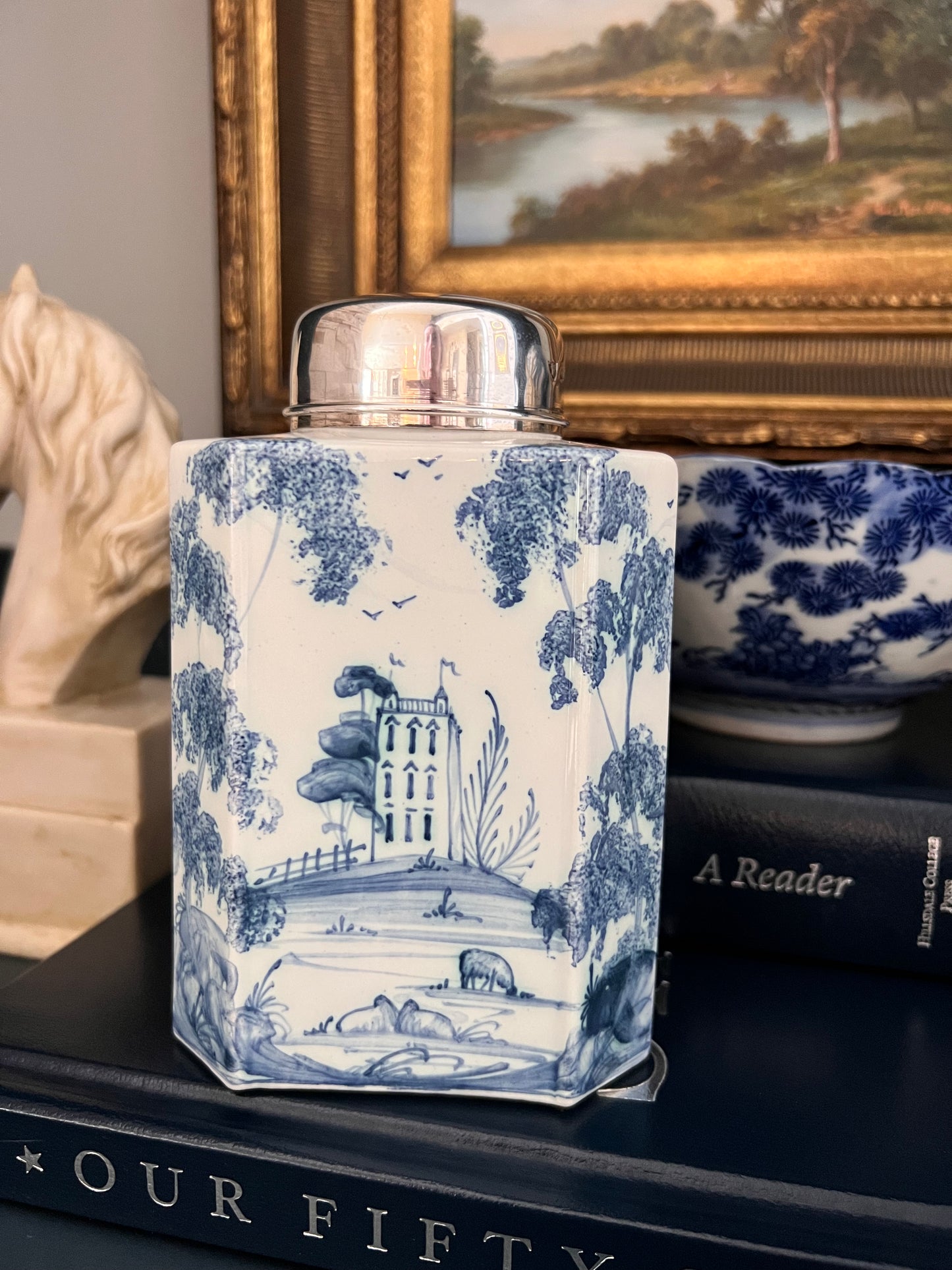 Deborah Sears Isis Ceramics Blue & White Tea Caddy with Silver Lid