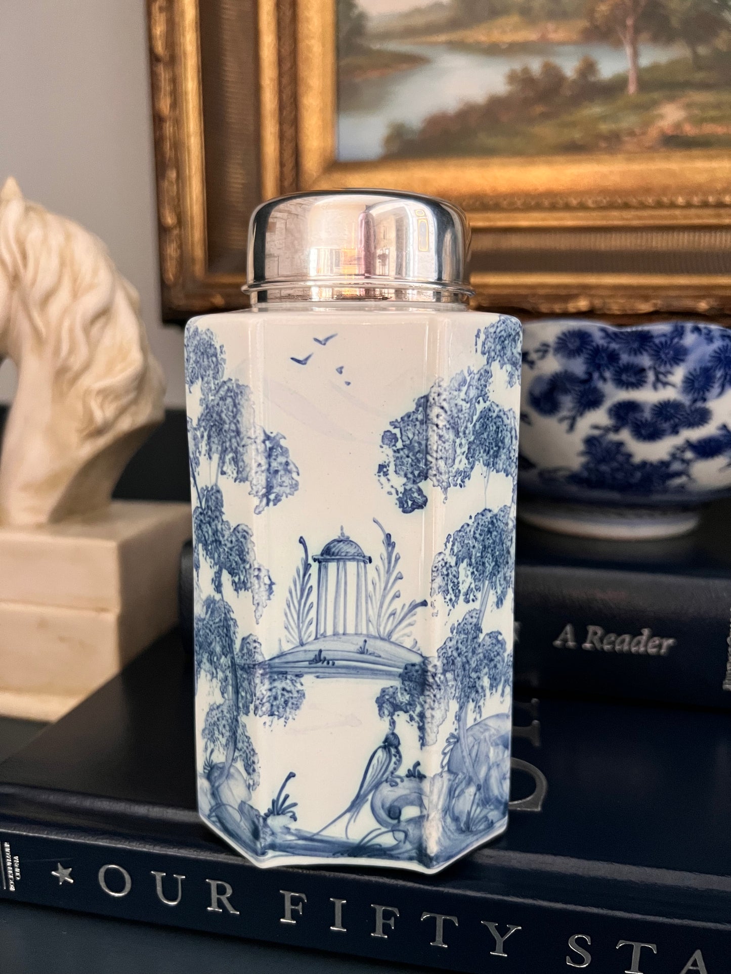 Deborah Sears Isis Ceramics Blue & White Tea Caddy with Silver Lid
