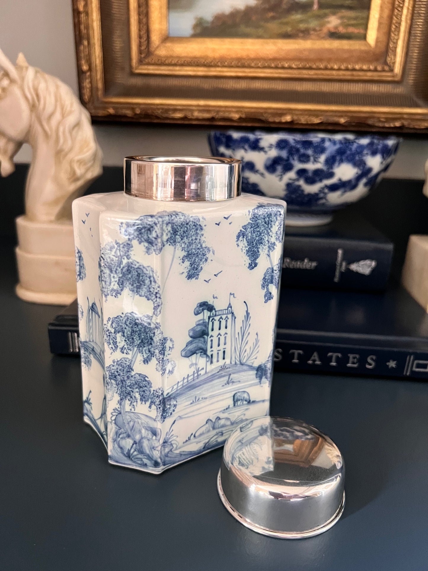 Deborah Sears Isis Ceramics Blue & White Tea Caddy with Silver Lid