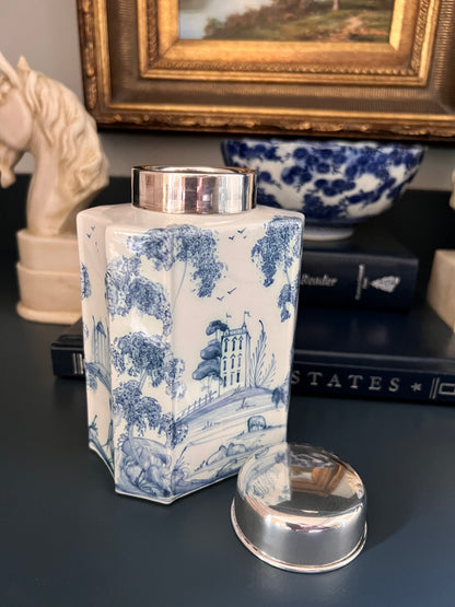 Deborah Sears Isis Ceramics Blue & White Tea Caddy with Silver Lid