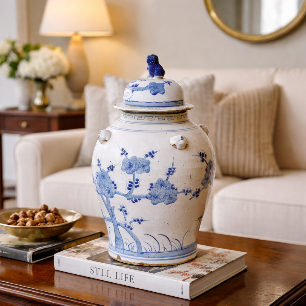 Blue & White Botanical Temple Jar