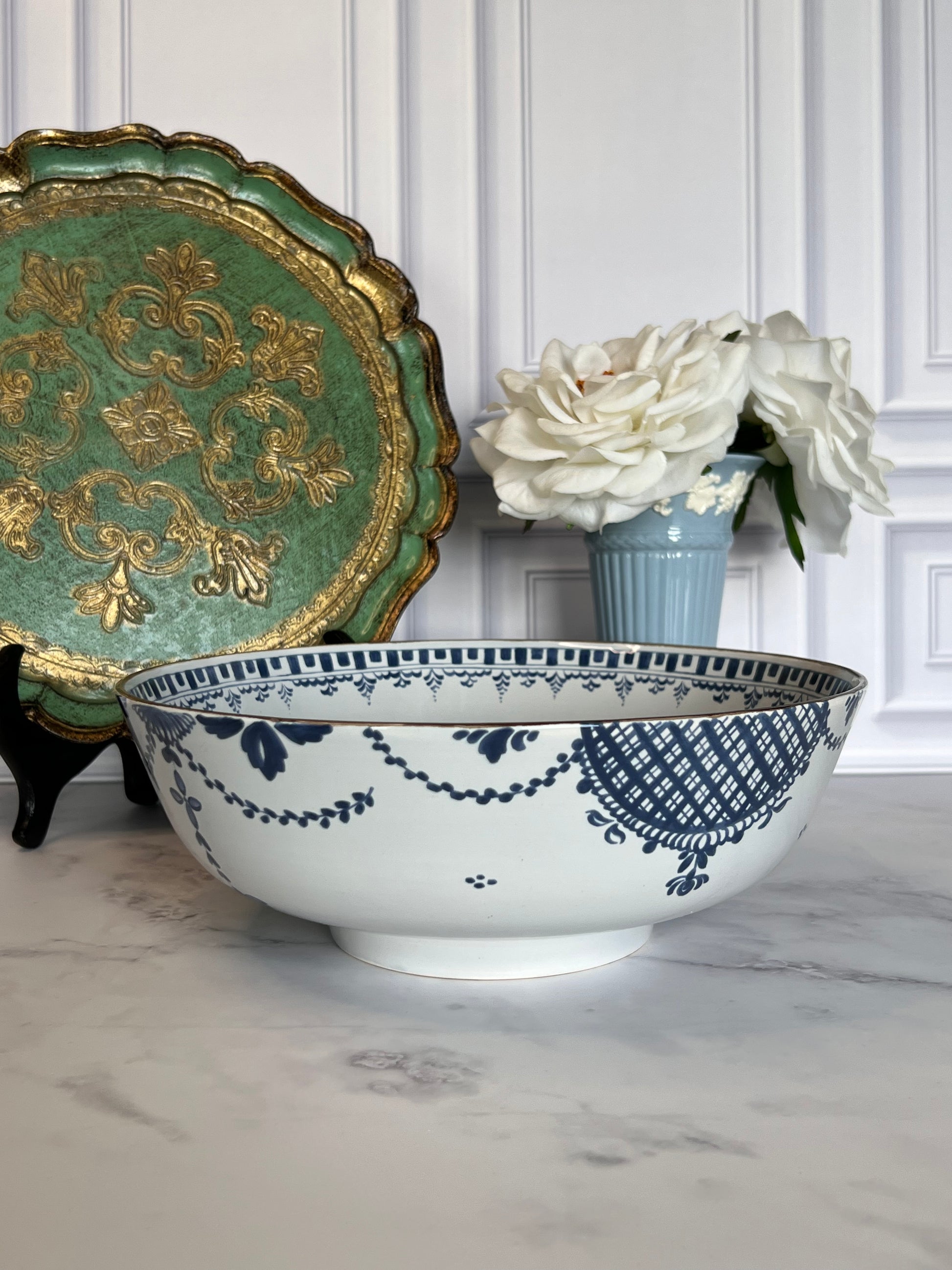 Vintage OUD Delft blue and white footed bowl with floral, swag and lattice decoration, made in Holland for Boscobel Restoration in 1983.