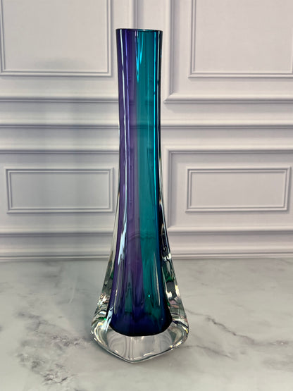 Signed Grant 10-inch Sommerso art glass bud vase featuring a solid cased design with triple-layer amethyst, blue, and green colors.