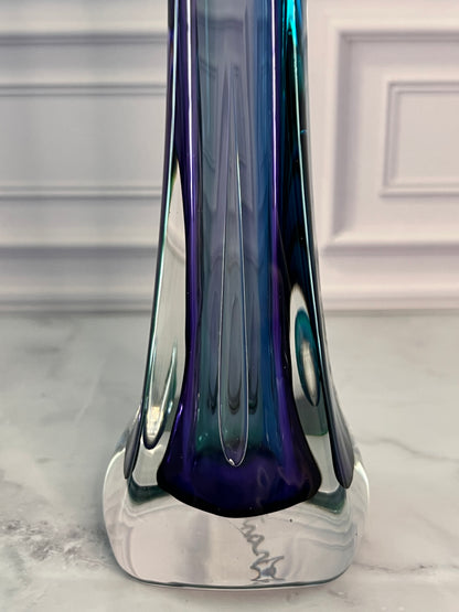 Signed Grant Sommerso Art Glass Bud Vase | 10” Amethyst Blue Green Glass