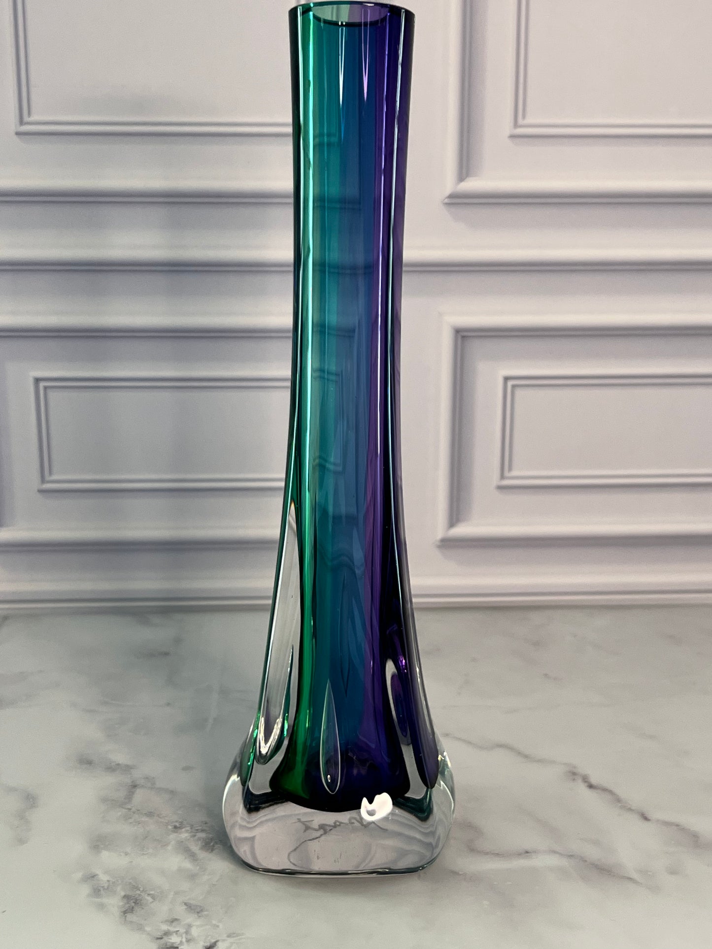 Signed Grant Sommerso Art Glass Bud Vase | 10” Amethyst Blue Green Glass