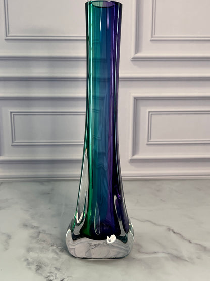 Signed Grant Sommerso Art Glass Bud Vase | 10” Amethyst Blue Green Glass