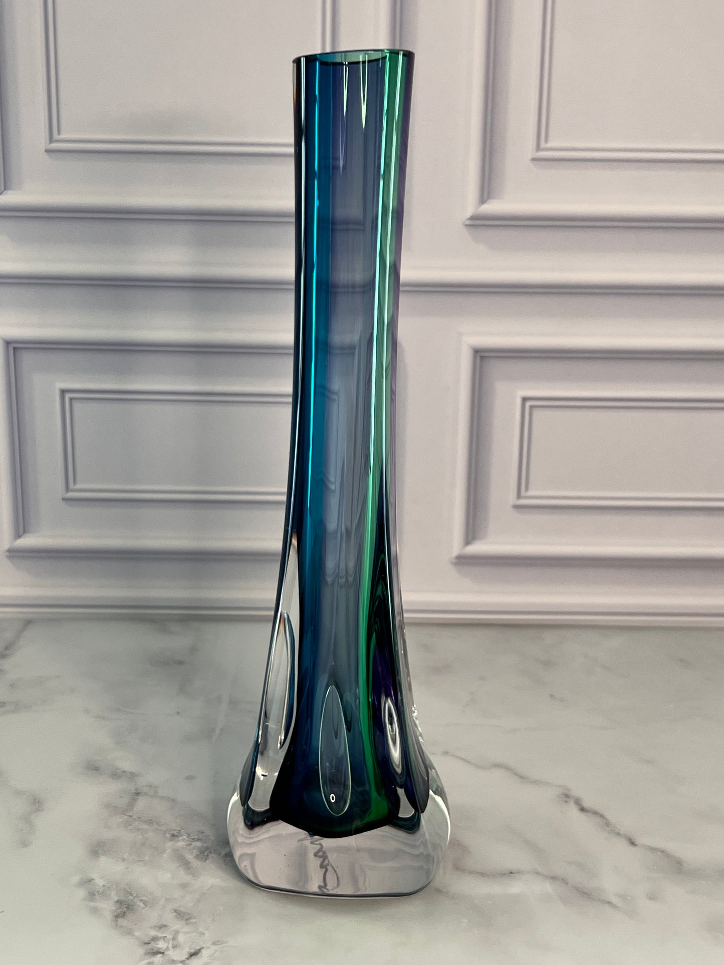 Signed Grant Sommerso Art Glass Bud Vase | 10” Amethyst Blue Green Glass