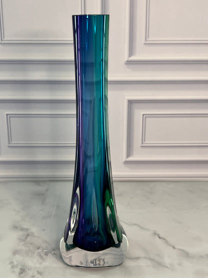 Signed Grant Sommerso Art Glass Bud Vase | 10” Amethyst Blue Green Glass