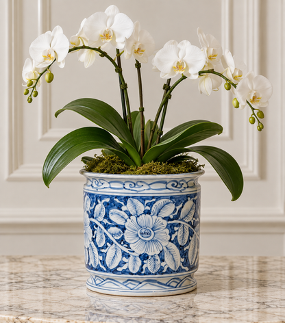 Blue & White Chinoiserie Floral Porcelain Planter Cachepot – 9.5”