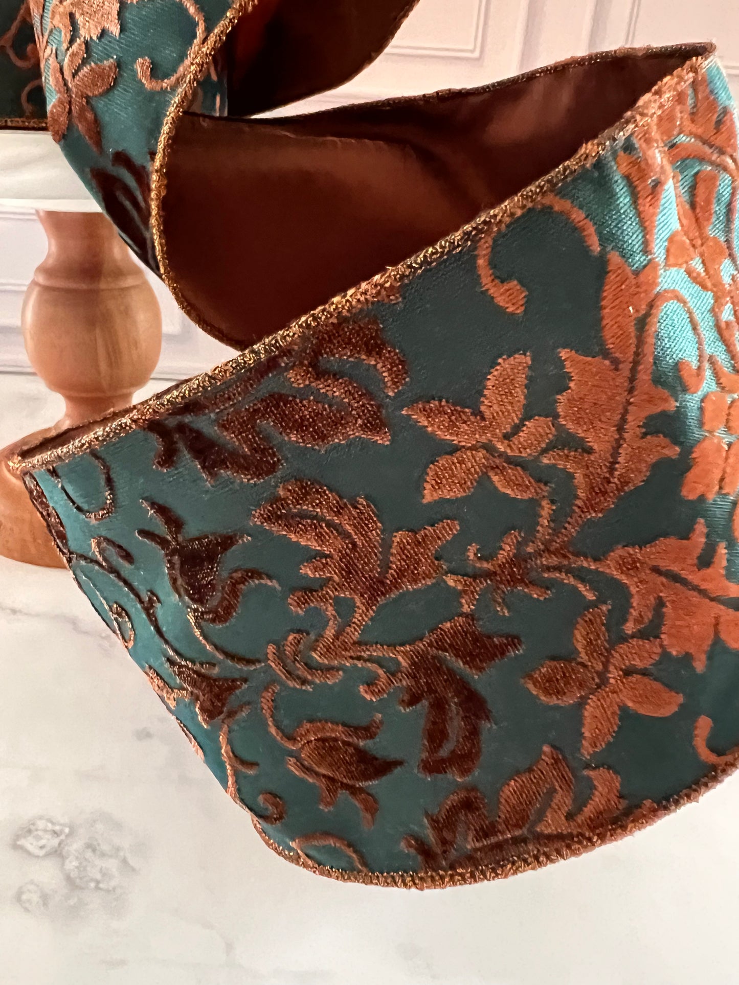 Dark Teal & Copper Brown Damask Burnout Wired Designer Ribbon – 4” x 10 Yards