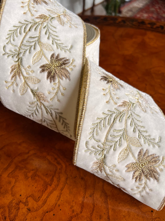 Winter White Velvet Wired Ribbon Designer Champagne Gold Eucalyptus Floral Embroidered Trim – 4" x 5 Yds