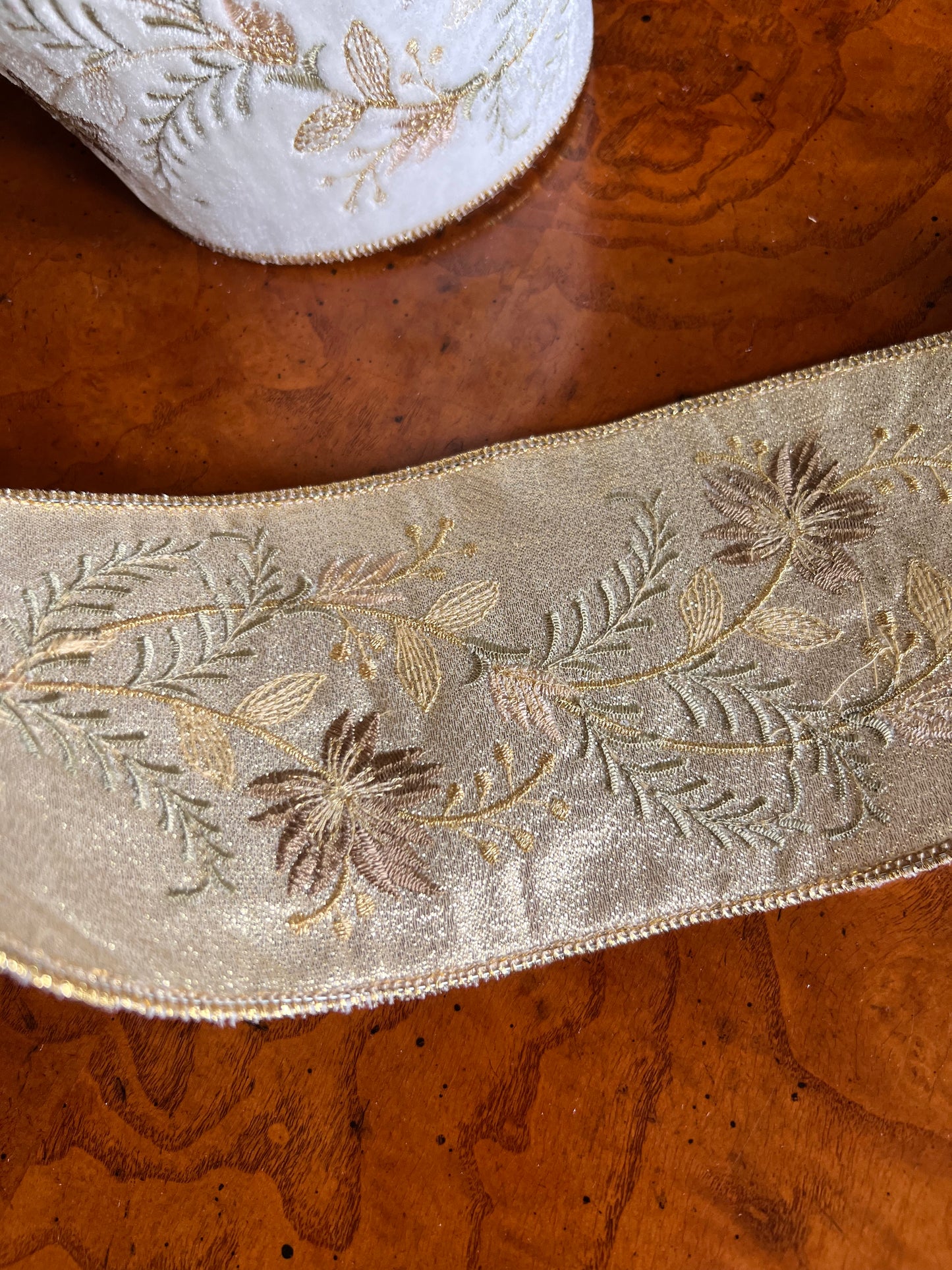 Winter White Velvet Wired Ribbon Designer Champagne Gold Eucalyptus Floral Embroidered Trim – 4" x 5 Yds