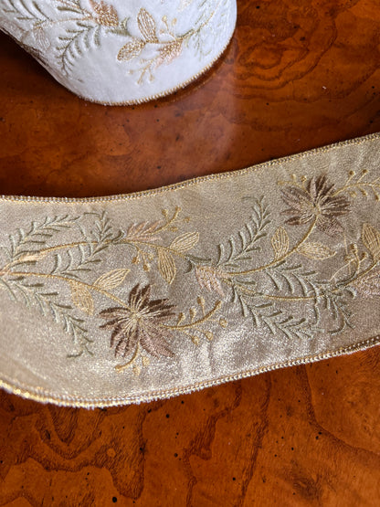 Winter White Velvet Wired Ribbon Designer Champagne Gold Eucalyptus Floral Embroidered Trim – 4" x 5 Yds